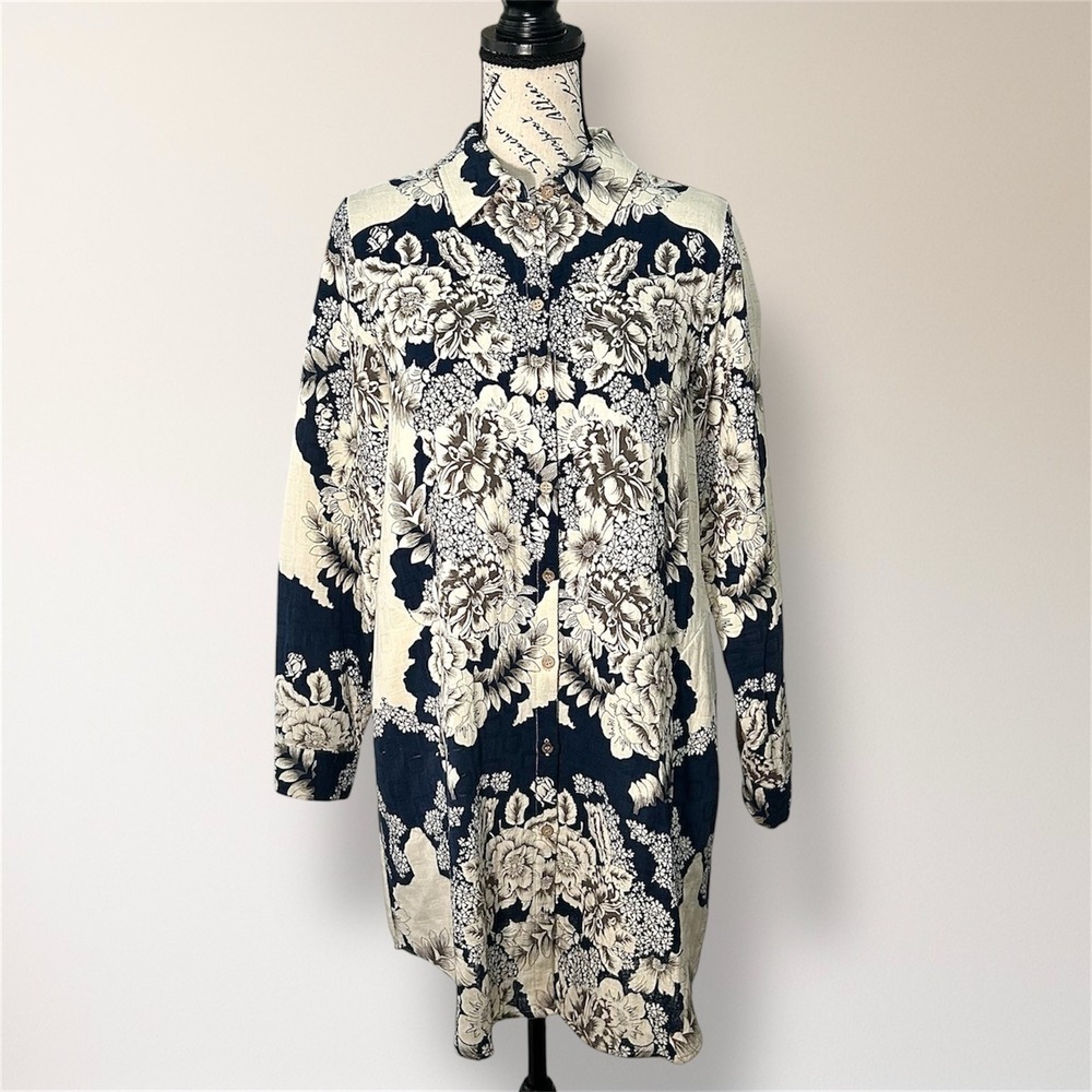 Soft Surroundings M Blue Ivory Floral Cotton Shirt Dress Pockets‎ Coastal Boho